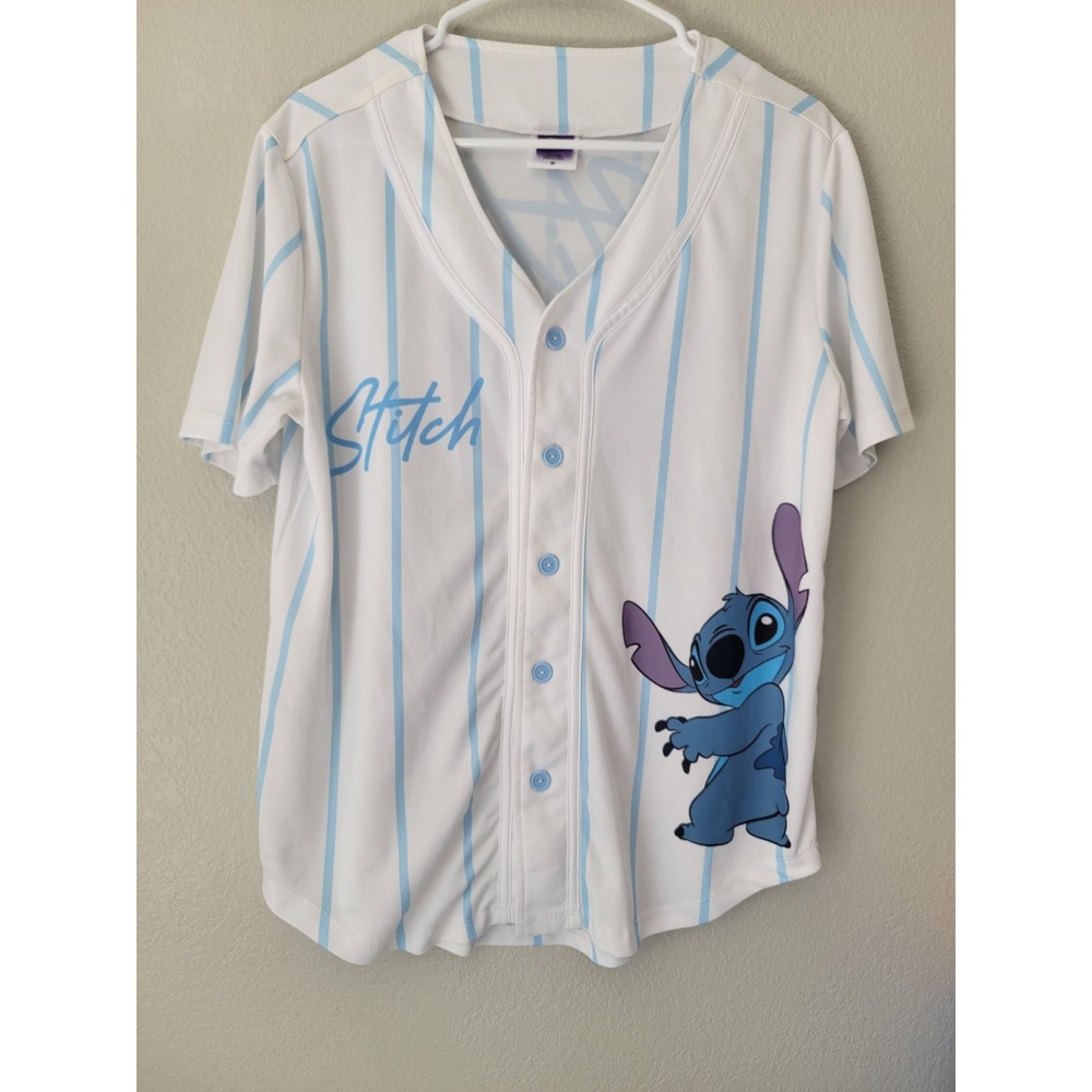 Disney Stitch Unisex Jersey Shirt White Blue Size M Button Up Polyester